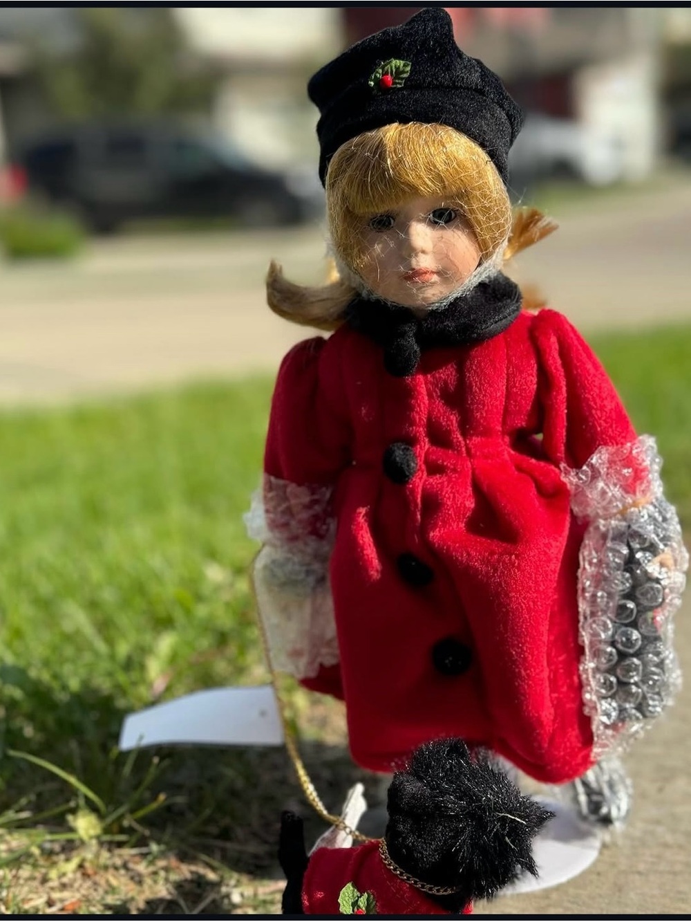 Avon Red Coat Girl Doll with Black Hat and Black Dog
